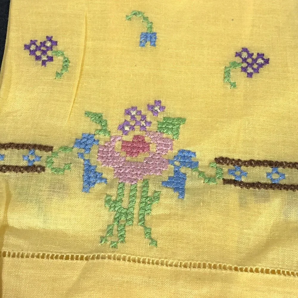 Vintage Tea Towel Yellow Cross Stitch Flowers Retro Shabby Chic Small Embroidery